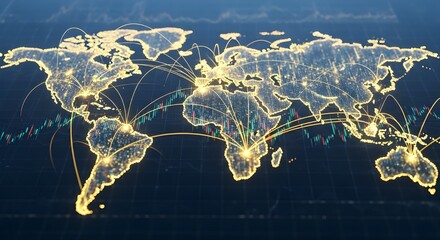 Global network connections visualized on a world map, business and finance concept