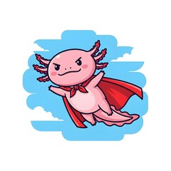 Superhero axolotl soaring through the sky with cape, ready for adventure and fun