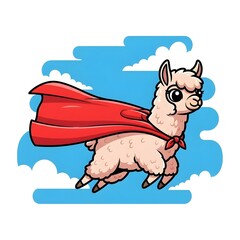 Superhero llama soaring through the sky with heroic red cape and confident smile