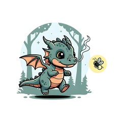 Playful dragon chasing a bee in a whimsical forest scene, adorable fantasy art