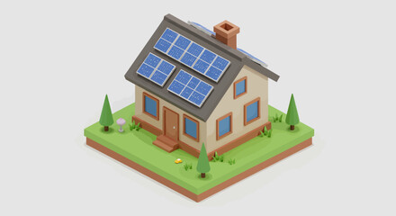 Low-poly isometric illustration of a house with solar panels on its roof, situated on a small green lawn against a plain white background, showcasing a sustainable