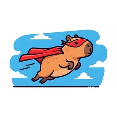 Superhero capybara soaring across blue sky with red cape and mask, fun cartoon