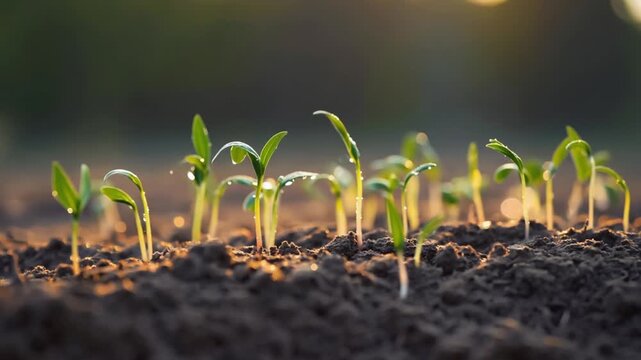 Seedlings breaking ground after spring rain, new beginnings and growth in the warm sunlight