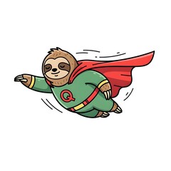 Super Sloth soaring through the sky with a red cape and green superhero suit