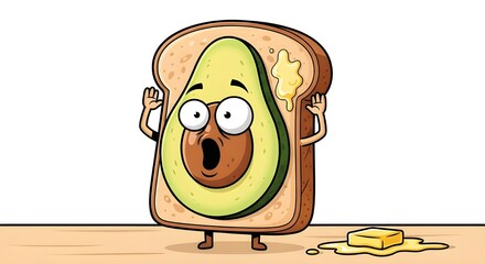 Cartoon avocado toast with surprised face and melting butter, food art concept