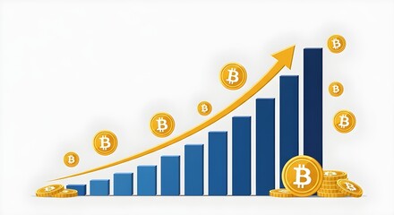 Bitcoin price growth with rising chart, coins and golden arrow showing trend