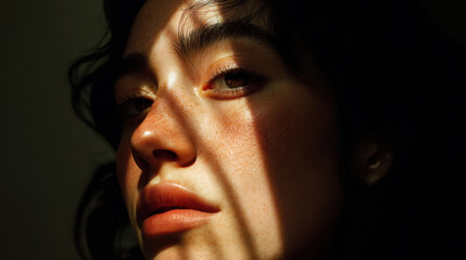 Fototapeta premium Close up portrait of young woman with curly hair, illuminated by soft light creating dramatic shadows across her face. interplay of light and shadow highlights her natural beauty and features
