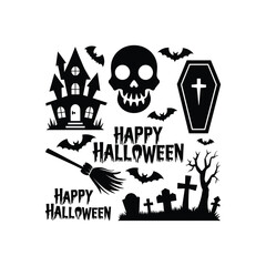 Black Halloween Silhouette Set with Haunted House, Skull, Coffin, and Bats