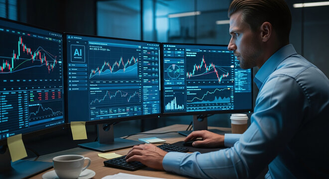 A financial analyst interacting with an AI algorithm for high-frequency trading and risk assessment, multiple monitors displaying complex graphs and stock market data, tense atmosphere
