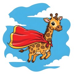 Superhero giraffe soaring through the sky with bright red cape, cartoon fun