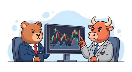 Bear and Bull market analysis with stock chart on screen, financial concept