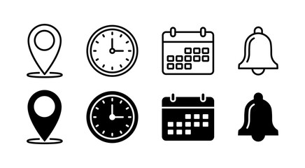 Event icon set vector. Time, date, location, and notification. Flat and outline icon collection.