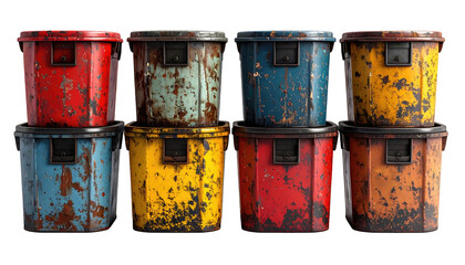 Stacked colorful rusty metal containers