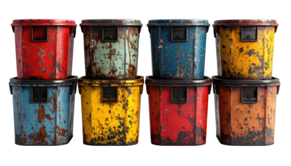 Stacked colorful rusty metal containers