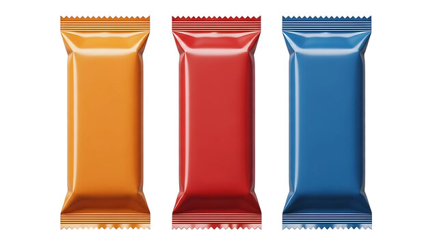 Three colorful candy bar wrappers mockup isolated on white background food packaging design template  on transparent background