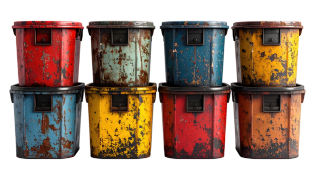 Stacked colorful rusty metal containers