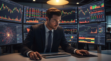 A financial analyst interacting with an AI algorithm for high-frequency trading and risk assessment, multiple monitors displaying complex graphs and stock market data, tense atmosphere