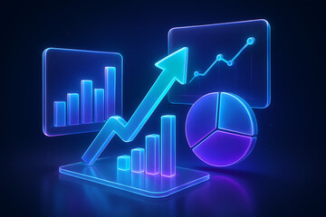 3D Neon Illustration of Business Elements with Graph, Arrow, and Chart for Modern Corporate Design Background, Perfect for Finance, Marketing, Analytics, Growth, and Technology Concepts