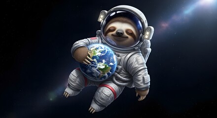 Adorable sloth astronaut embracing Earth with peaceful expression in the cosmos