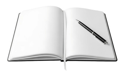 Open blank notebook journal with pen mockup for writing notes or planning template stationery on transparent background