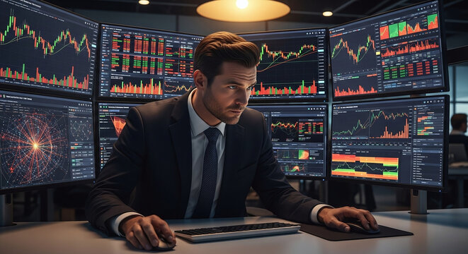 A financial analyst interacting with an AI algorithm for high-frequency trading and risk assessment, multiple monitors displaying complex graphs and stock market data, tense atmosphere