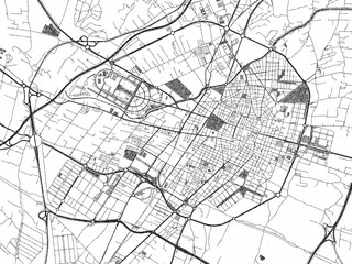 Detailed artistic sketch map of Castellon de la Plana, Spain, in monochrome black and white.