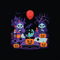 Spooky Halloween Illustration with Pumpkins, Ghosts, Haunted House, and Creepy Characters