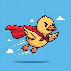 Superhero duck soaring through the sky with determined look and flowing cape