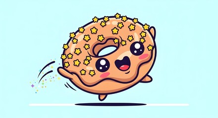 Happy cartoon donut character with star sprinkles, kawaii food illustration