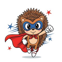 Superhero hedgehog soaring to save the day with cape and mask, action cartoon