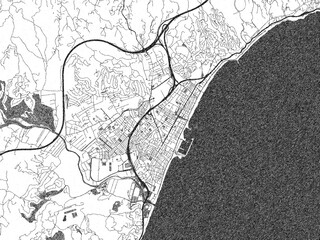 Poster-ready black and white illustration map of Fuengirola, Spain, detailed and artistic.