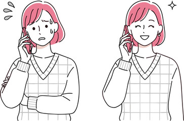 Cartoon illustration of person with pink hair, two emotional expressions, anxious and happy, holding phone, communication concept, mood change, conversation, vector, lifestyle