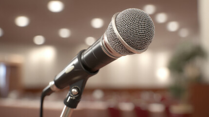 Close up view of microphone stand, set against blurred background of banquet hall. microphone is shiny and detailed, suggesting readiness for speech or performance, evoking anticipation