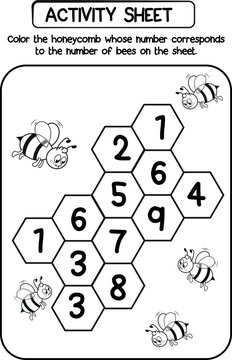 Ficha de actividades divertidas con panales y abejas para que los ni&ntilde;os aprendan a contar los n&uacute;meros con juegos educativos y divertidos.