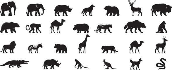 Animal Silhouettes Collection Various Wildlife Species on Transparent Background 