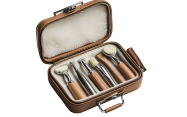 Portable shaving kit in small storage case with razor brush and accessories ideal for business trips and outdoor journeys isolated on transparent background PNG