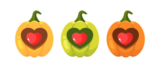 Set of cartoon pumpkin lanterns with hearts inside. Pumpkin icons in different colors. Vector illustration