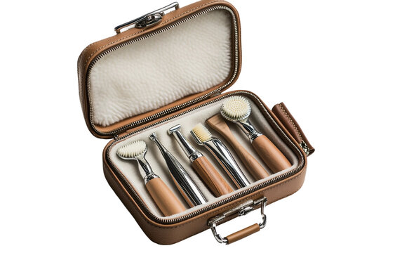 Portable shaving kit in small storage case with razor brush and accessories ideal for business trips and outdoor journeys isolated on transparent background PNG