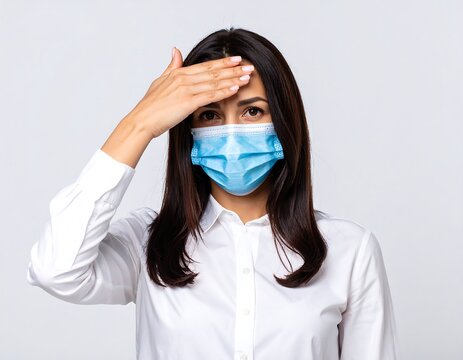 Woman wearing a face mask, touching forehead