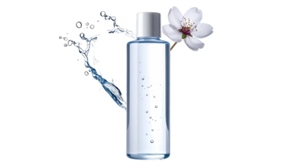 Clear bottle of liquid with flower splash