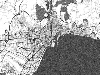 Hand-drawn black and white city map of Malaga, Spain, ready for wall art or editorial projects.