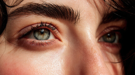Fototapeta premium Close up view of person eyes, showcasing striking blue irises and well defined eyebrows. skin appears smooth and radiant, highlighting natural beauty and detail of eyes