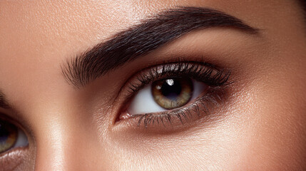 Fototapeta premium Close up of woman eye showcasing detailed eyelashes, well groomed eyebrows, and natural skin tone. eye reflects sense of beauty and elegance, highlighting intricate features of face
