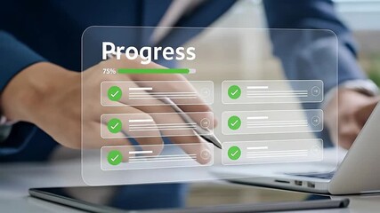 Business person interacting with futuristic interface showing project progress and completed tasks