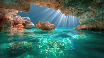 Obraz premium A hauntingly beautiful underwater cave, its limestone ceiling dripping with stalactites, and beams of light piercing through the dark water like spotlights