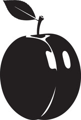 Black silhouette of a plum with a leaf and stem Keywords: plum, fruit, silhouette, black