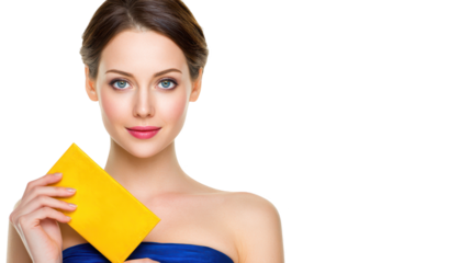 Woman in flowing blue dress holds bright yellow envelope, a study in contrast and elegance
