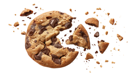 a broken chocolate chip cookie with pieces scattered around it on a white background