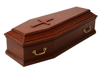 Brown wooden coffin with handles isolated on transparent background