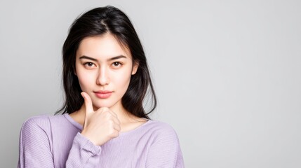 A confident young woman gives a thumbs-up gesture, showcasing positivity and attitude against a neutral background, asian office girl with good job expression